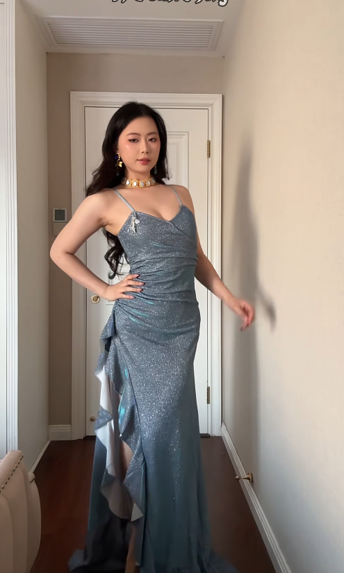 Sexy Sheath Gray Blue Long Prom Dresses with Slits Satin Sleeveless Party Dresses DP04620