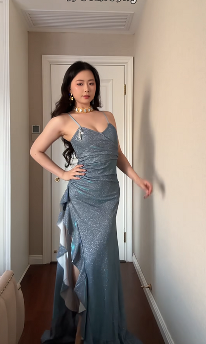 Sexy Sheath Gray Blue Long Prom Dresses with Slits Satin Sleeveless Party Dresses DP04620