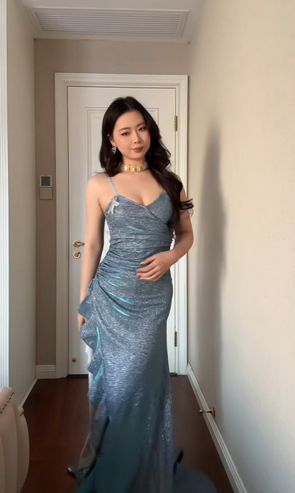 Sexy Sheath Gray Blue Long Prom Dresses with Slits Satin Sleeveless Party Dresses DP04620