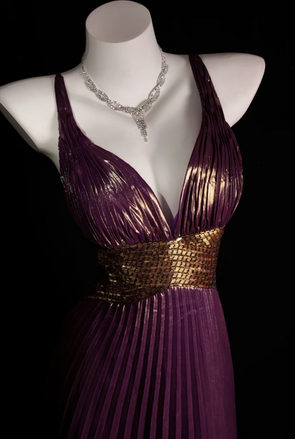 Simple Sheath Long Prom Dresses Satin Pleated Purple Evening Dresses Sleeveless Birthday Dresses DP04628