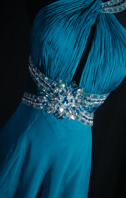 Simple Sheath Long Prom Dresses Chiffon Turquoise Backless Evening Dresses Sleeveless Birthday Dresses DP04631