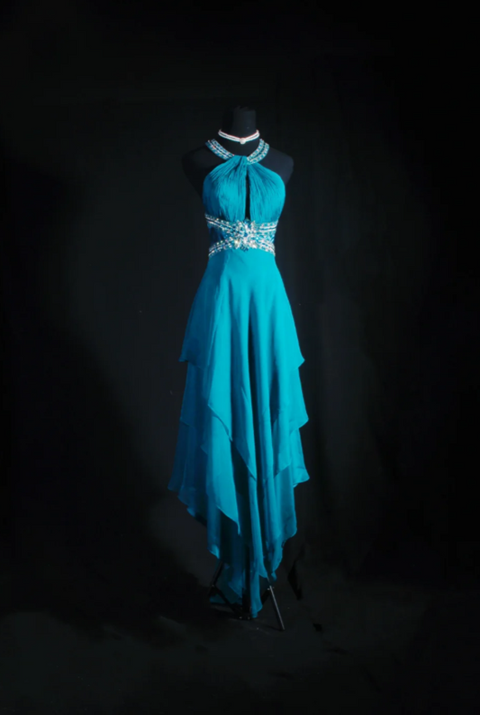 Simple Sheath Long Prom Dresses Chiffon Turquoise Backless Evening Dresses Sleeveless Birthday Dresses DP04631
