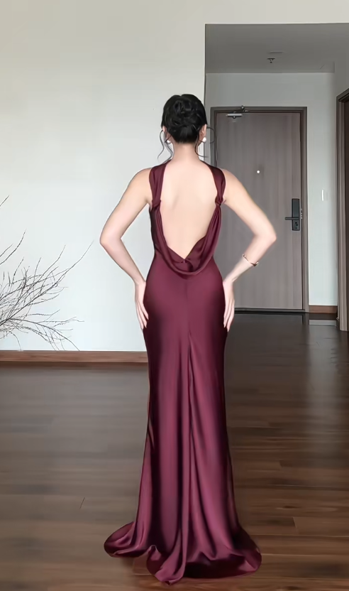 Simple Sheath Long Prom Dresses Satin Halter Burgundy Evening Dresses Backless Birthday Dresses DP04633