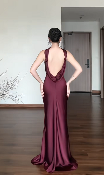 Simple Sheath Long Prom Dresses Satin Halter Burgundy Evening Dresses Backless Birthday Dresses DP04633