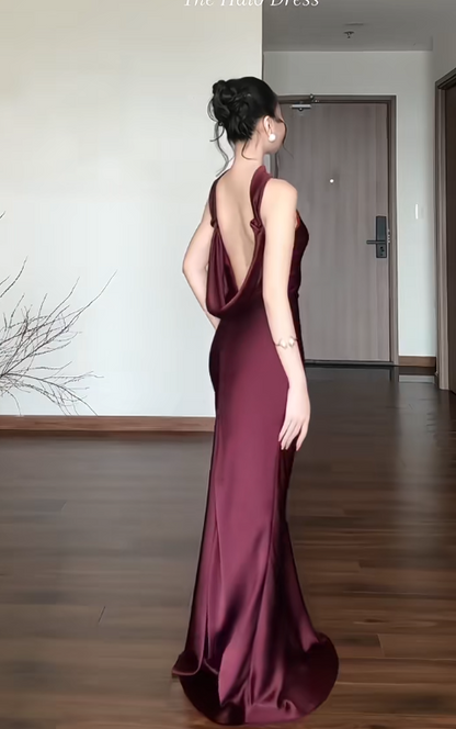 Simple Sheath Long Prom Dresses Satin Halter Burgundy Evening Dresses Backless Birthday Dresses DP04633