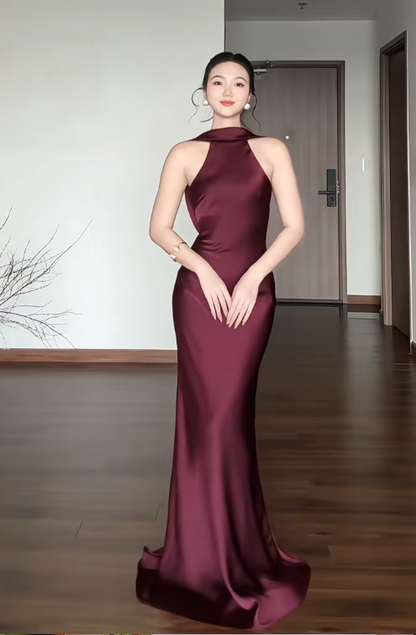 Simple Sheath Long Prom Dresses Satin Halter Burgundy Evening Dresses Backless Birthday Dresses DP04633