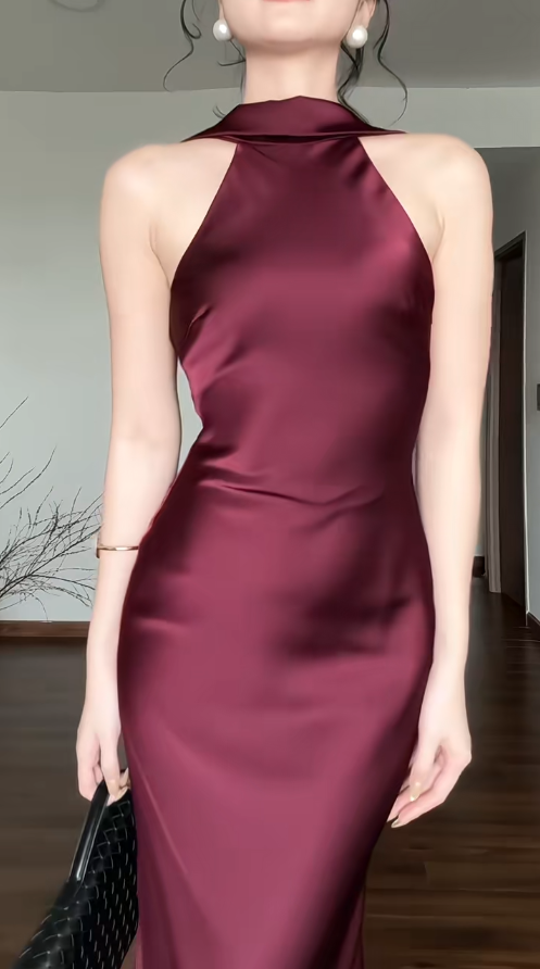 Simple Sheath Long Prom Dresses Satin Halter Burgundy Evening Dresses Backless Birthday Dresses DP04633