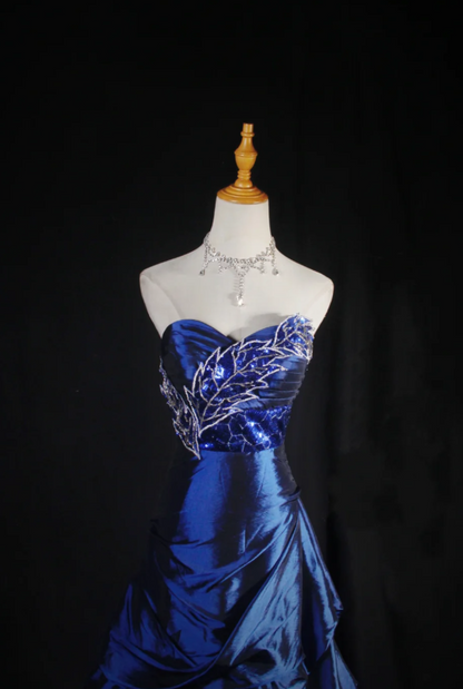 Simple A-Line Long Prom Dresses Satin Sweetheart Navy Blue  Evening Dresses Zipper Birthday Dresses DP04634