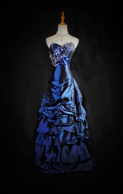 Simple A-Line Long Prom Dresses Satin Sweetheart Navy Blue  Evening Dresses Zipper Birthday Dresses DP04634