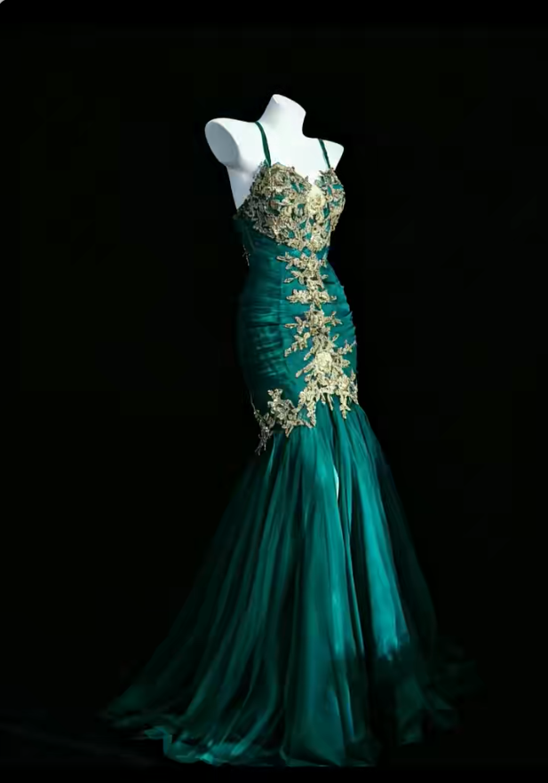 Simple Mermaid Turquoise Long Prom Dresses Tulle Appliques Spaghetti Straps Evening Dresses Sleeveless Birthday Dresses DP04635