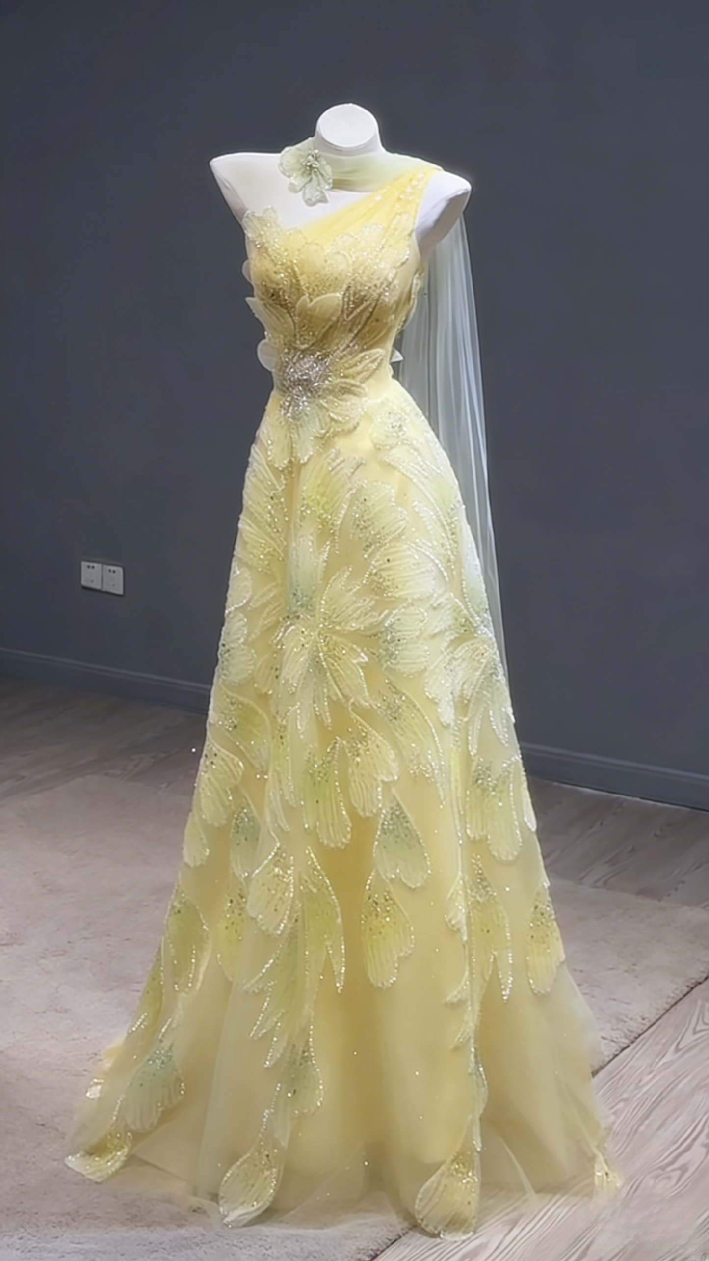 Fairy A-Line Yellow Long Prom Dresses Tulle Beaded One-shoulder Evening Dresses Sleeveless Birthday Dresses DP04636