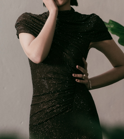 Glam Chocolate Sheath Long Prom Dresses Tulle Sleeveless Party Dresses Glitter Wedding Guest Dresses DP04638