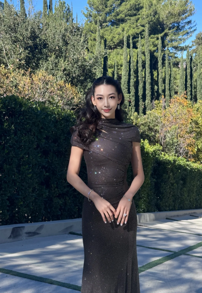 Glam Chocolate Sheath Long Prom Dresses Tulle Sleeveless Party Dresses Glitter Wedding Guest Dresses DP04638