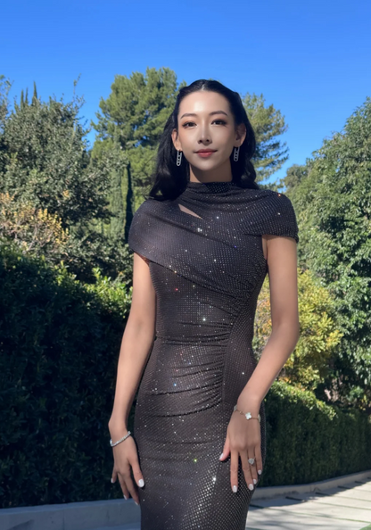 Glam Chocolate Sheath Long Prom Dresses Tulle Sleeveless Party Dresses Glitter Wedding Guest Dresses DP04638