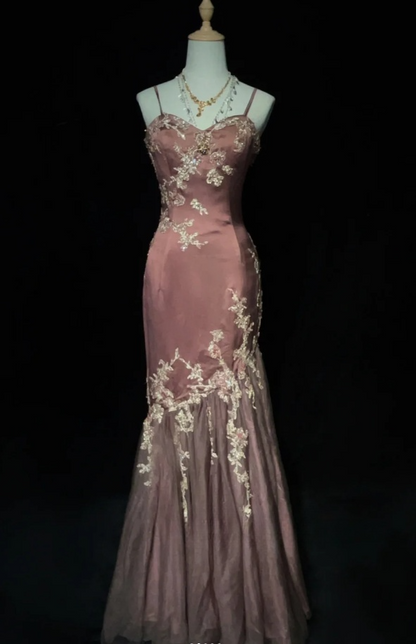 Glam Reddish-brown Mermaid Long Prom Dresses Satin Beaded Sleeveless Party Dresses Spaghetti Straps Evening Dresses DP04639