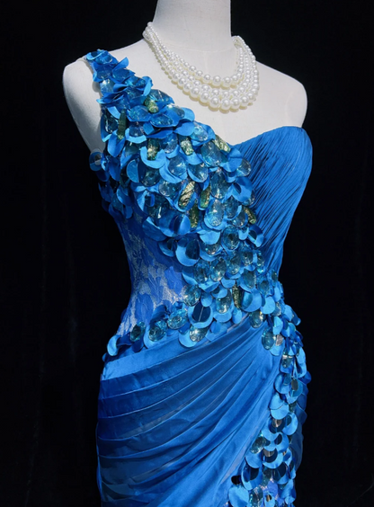 Glam Blue Mermaid Long Prom Dresses Tulle Beaded Sleeveless Party Dresses One-shoulder Evening Dresses DP04640