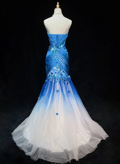 Glam Blue Mermaid Long Prom Dresses Tulle Beaded Sleeveless Party Dresses One-shoulder Evening Dresses DP04640