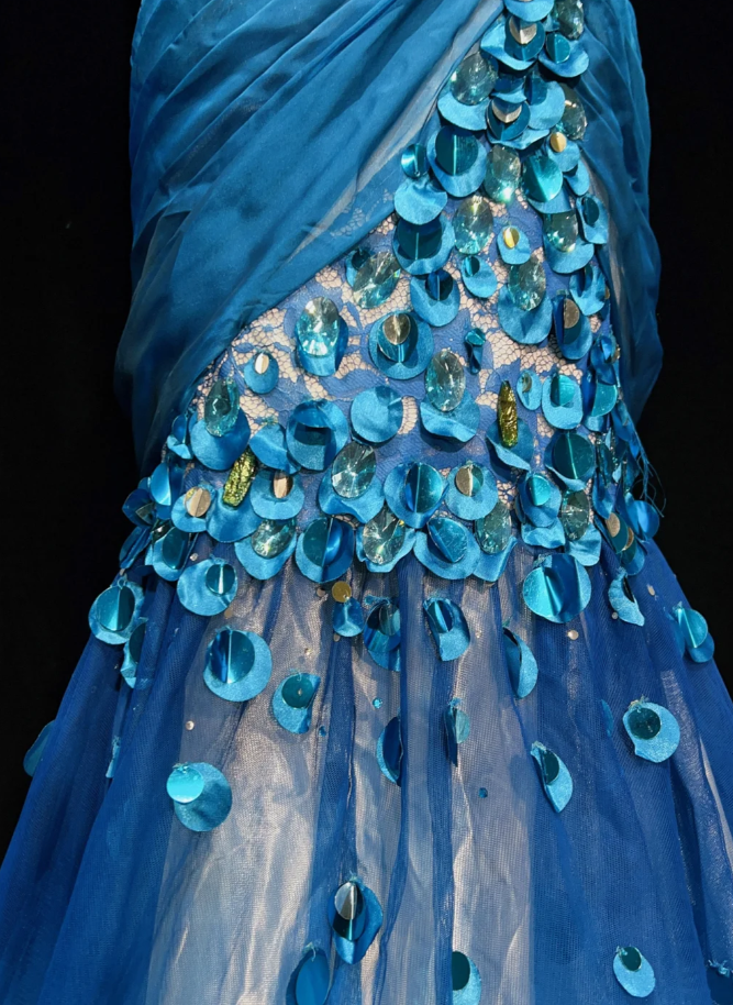 Glam Blue Mermaid Long Prom Dresses Tulle Beaded Sleeveless Party Dresses One-shoulder Evening Dresses DP04640