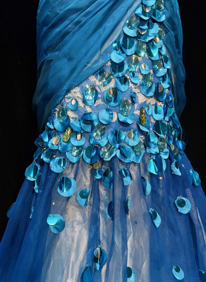 Glam Blue Mermaid Long Prom Dresses Tulle Beaded Sleeveless Party Dresses One-shoulder Evening Dresses DP04640