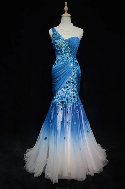 Glam Blue Mermaid Long Prom Dresses Tulle Beaded Sleeveless Party Dresses One-shoulder Evening Dresses DP04640