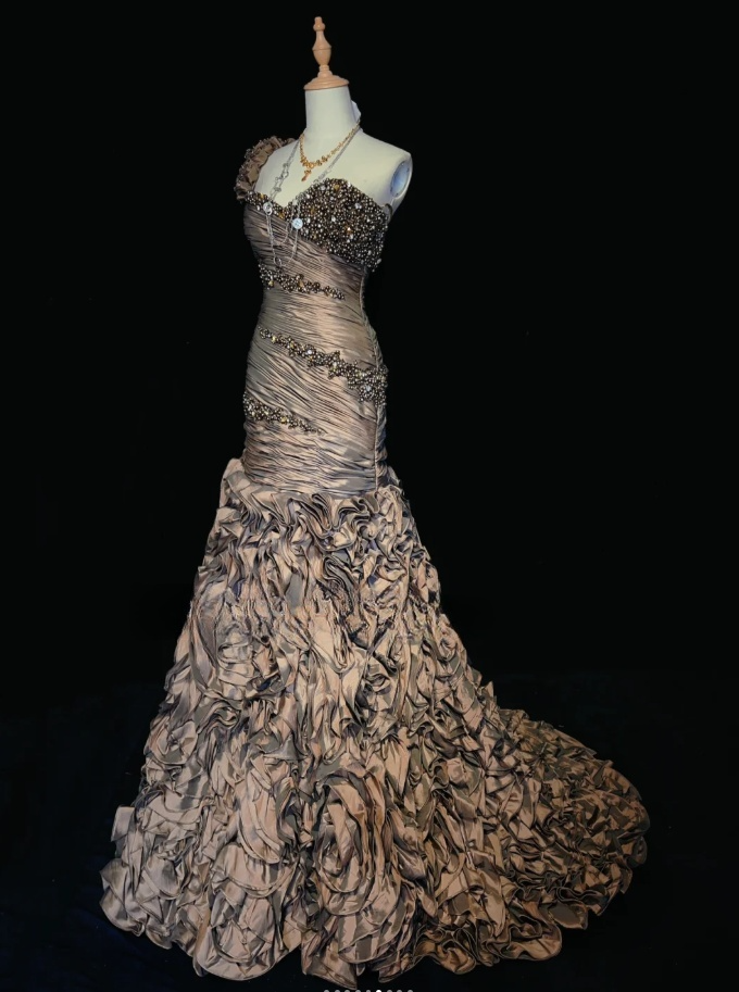 Glam Sheath Long Prom Dresses Satin Beaded Sleeveless Party Dresses One-shoulder Evening Dresses DP04641