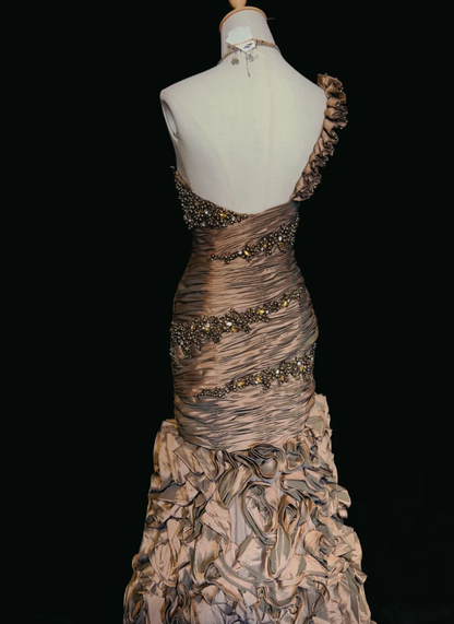 Glam Sheath Long Prom Dresses Satin Beaded Sleeveless Party Dresses One-shoulder Evening Dresses DP04641