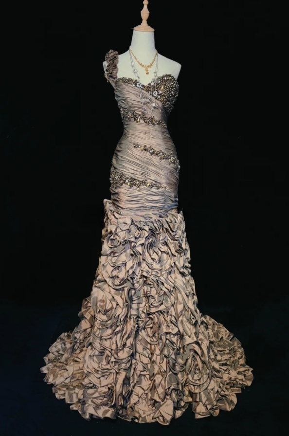 Glam Sheath Long Prom Dresses Satin Beaded Sleeveless Party Dresses One-shoulder Evening Dresses DP04641