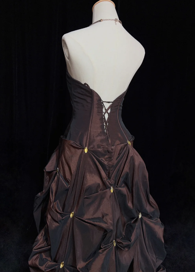 Glam Chocolate A-Line Long Prom Dresses Satin Sleeveless Party Dresses Strapless Evening Dresses DP04642