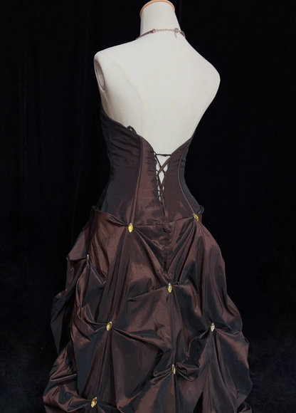 Glam Chocolate A-Line Long Prom Dresses Satin Sleeveless Party Dresses Strapless Evening Dresses DP04642