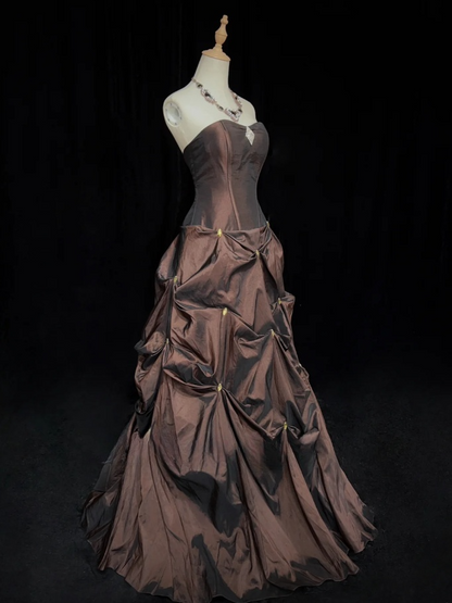 Glam Chocolate A-Line Long Prom Dresses Satin Sleeveless Party Dresses Strapless Evening Dresses DP04642