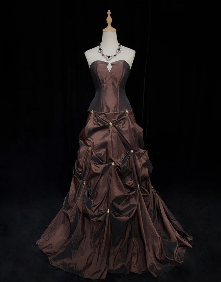 Glam Chocolate A-Line Long Prom Dresses Satin Sleeveless Party Dresses Strapless Evening Dresses DP04642