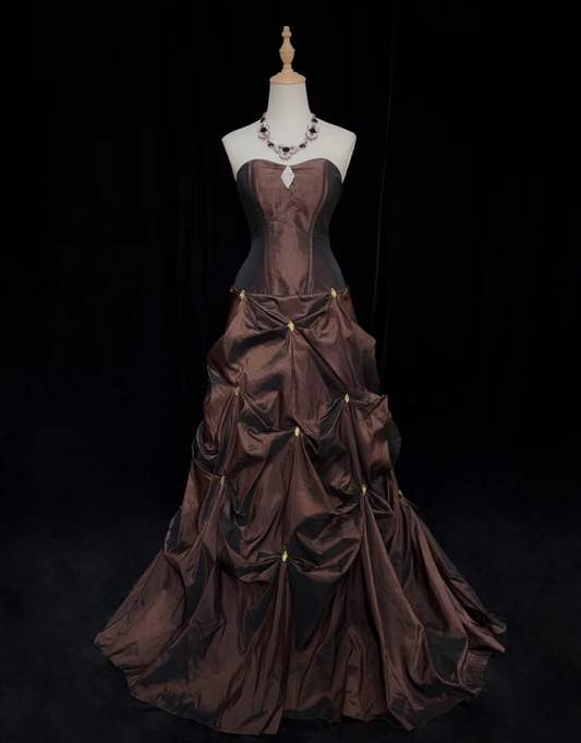 Glam Chocolate A-Line Long Prom Dresses Satin Sleeveless Party Dresses Strapless Evening Dresses DP04642