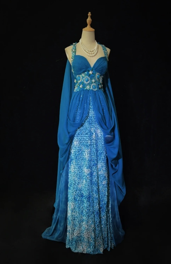 Glam Blue Sheath Long Prom Dresses Beaded Chiffon Sleeveless Party Dresses Straps Evening Dresses DP04643