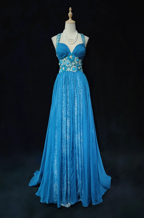 Glam Blue Sheath Long Prom Dresses Beaded Chiffon Sleeveless Party Dresses Straps Evening Dresses DP04643