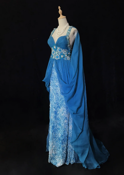 Glam Blue Sheath Long Prom Dresses Beaded Chiffon Sleeveless Party Dresses Straps Evening Dresses DP04643