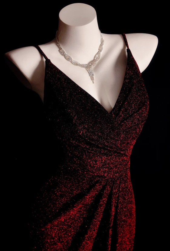 Glam Burgundy Sheath Long Prom Dresses Satin Sleeveless Party Dresses V-neck Evening Dresses DP04645