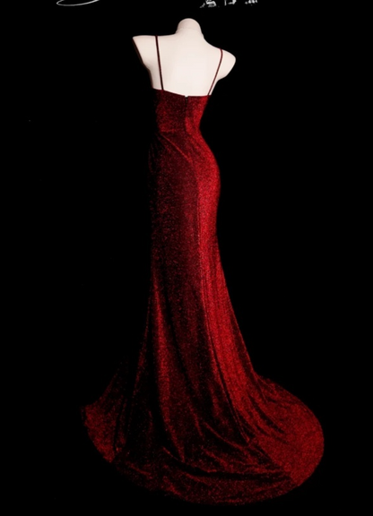 Glam Burgundy Sheath Long Prom Dresses Satin Sleeveless Party Dresses V-neck Evening Dresses DP04645