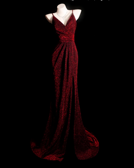 Glam Burgundy Sheath Long Prom Dresses Satin Sleeveless Party Dresses V-neck Evening Dresses DP04645