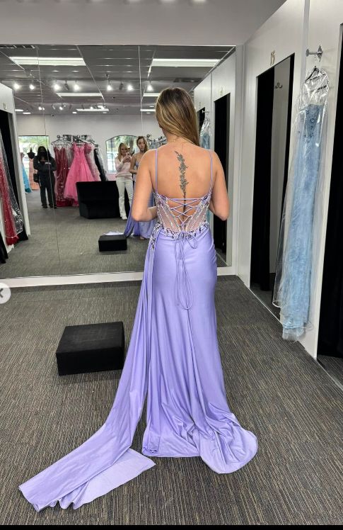 Glam Purple Sheath Long Prom Dresses Satin Beaded Sleeveless Party Dresses Spaghetti Straps Evening Dresses DP04646