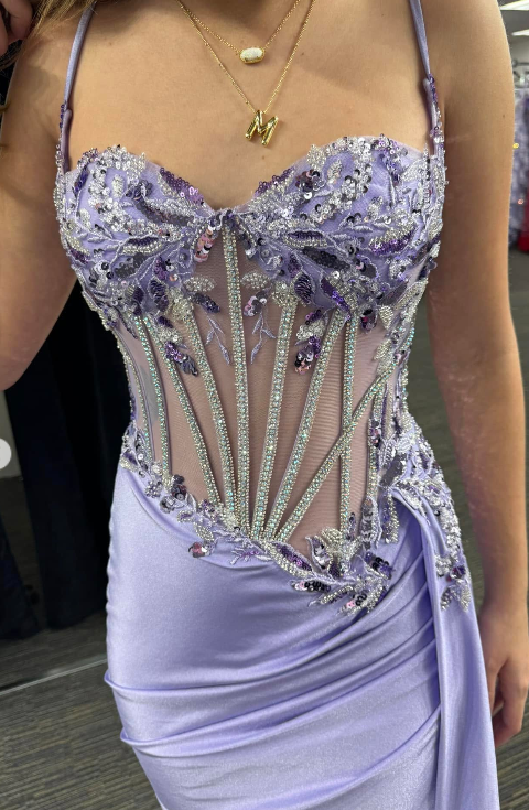 Glam Purple Sheath Long Prom Dresses Satin Beaded Sleeveless Party Dresses Spaghetti Straps Evening Dresses DP04646