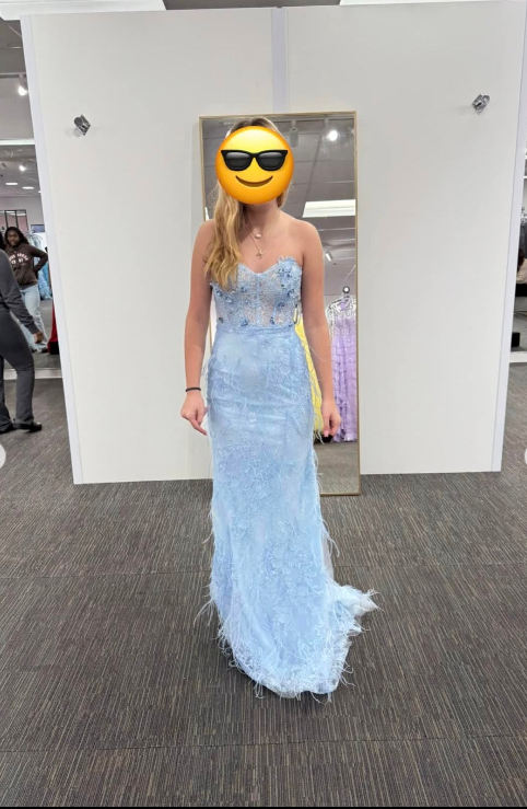 Gorgeous Sky Blue Sheath Long Prom Dresses Lace Appliques Sleeveless Birthday Dresses Strapless Evening Dresses DP04647
