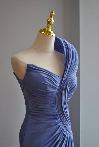 Gorgeous Blue Sheath Long Prom Dresses Satin Sleeveless Birthday Dresses One-shoulder Evening Dresses DP04649