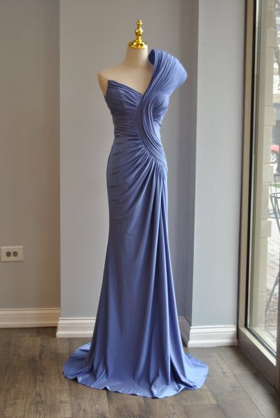 Gorgeous Blue Sheath Long Prom Dresses Satin Sleeveless Birthday Dresses One-shoulder Evening Dresses DP04649