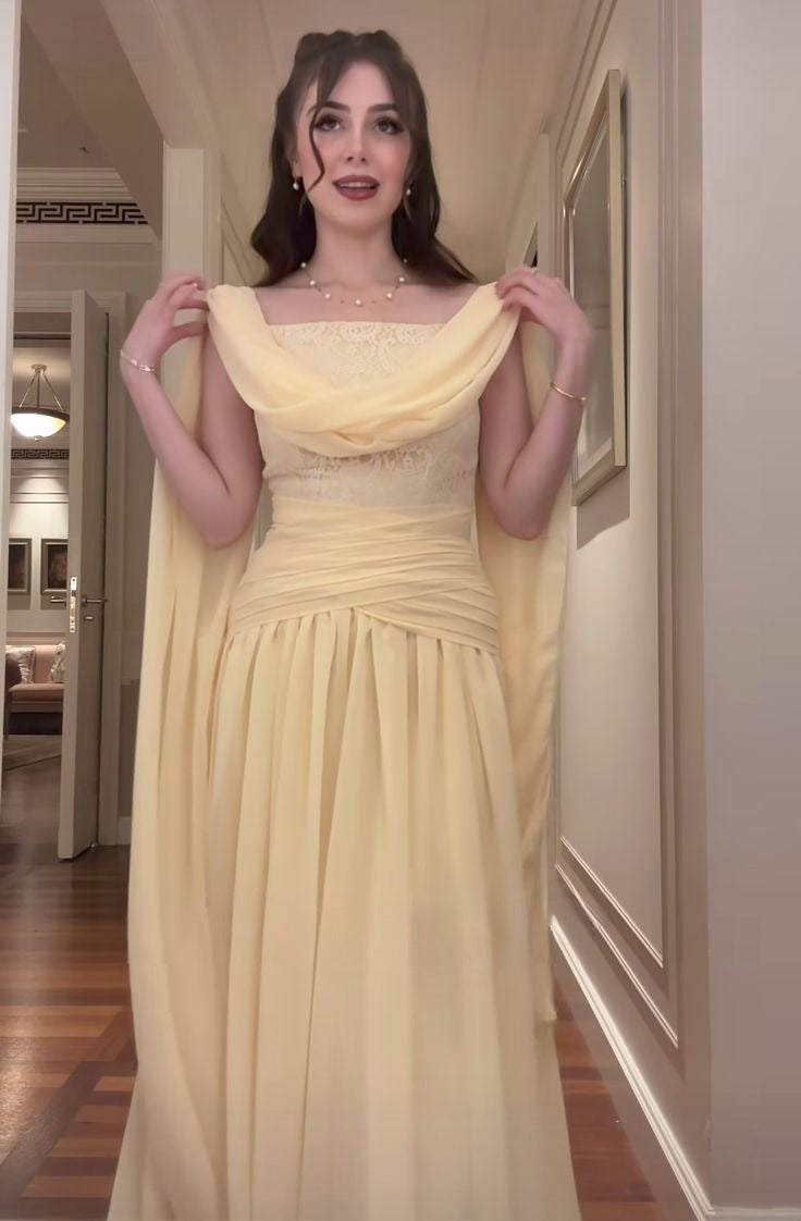 Gorgeous Yellow Sheath Long Prom Dresses Chiffon Birthday Dresses Sleeveless Evening Dresses DP04651