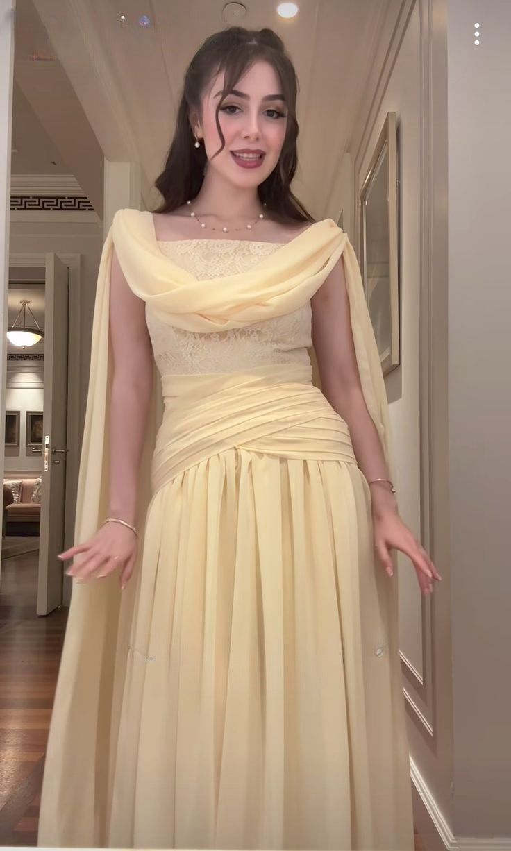 Gorgeous Yellow Sheath Long Prom Dresses Chiffon Birthday Dresses Sleeveless Evening Dresses DP04651