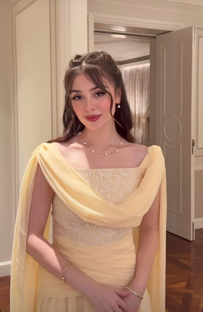 Gorgeous Yellow Sheath Long Prom Dresses Chiffon Birthday Dresses Sleeveless Evening Dresses DP04651