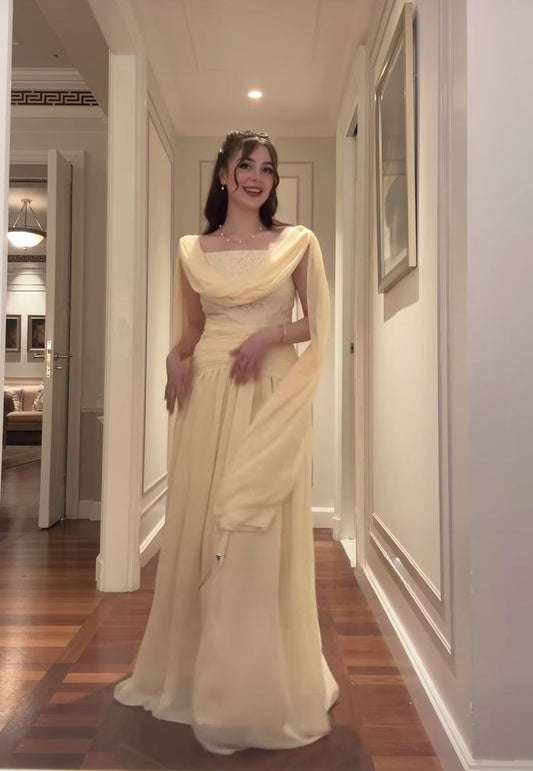 Gorgeous Yellow Sheath Long Prom Dresses Chiffon Birthday Dresses Sleeveless Evening Dresses DP04651