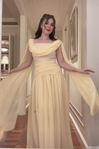 Gorgeous Yellow Sheath Long Prom Dresses Chiffon Birthday Dresses Sleeveless Evening Dresses DP04651