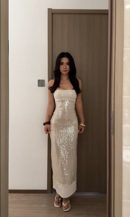 Gorgeous Champagne Sheath Long Prom Dresses Sequins Spaghetti Straps Birthday Dresses Sleeveless Evening Dresses DP04654