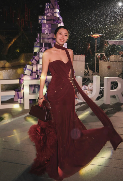 Elegant Burgundy Sheath Long Prom Dresses Chiffon Sweetheart Birthday Dresses Sleeveless Evening Dresses DP04656